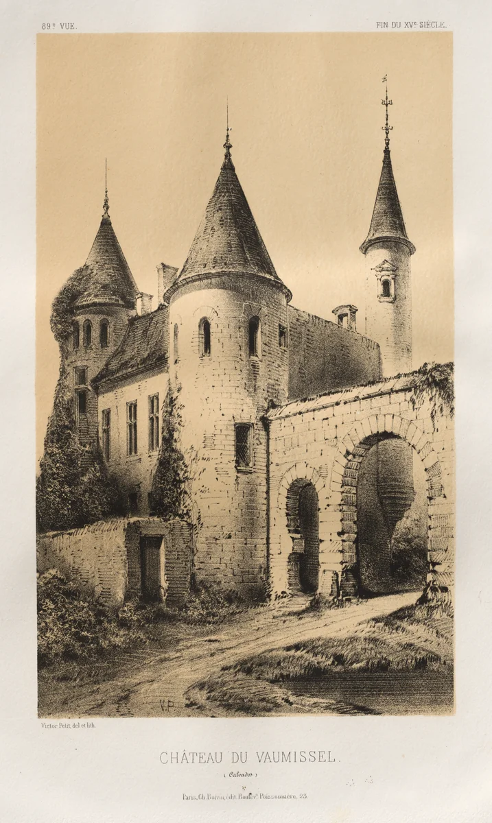 Architecture Pittoresque ou Monuments des XVeme. Et XVIeme. Siecles: Chateaux de France des XV et XVI Siecles: Pl. 89, Château du Vaumissel (Calvados) by Victor Petit, print, 1860