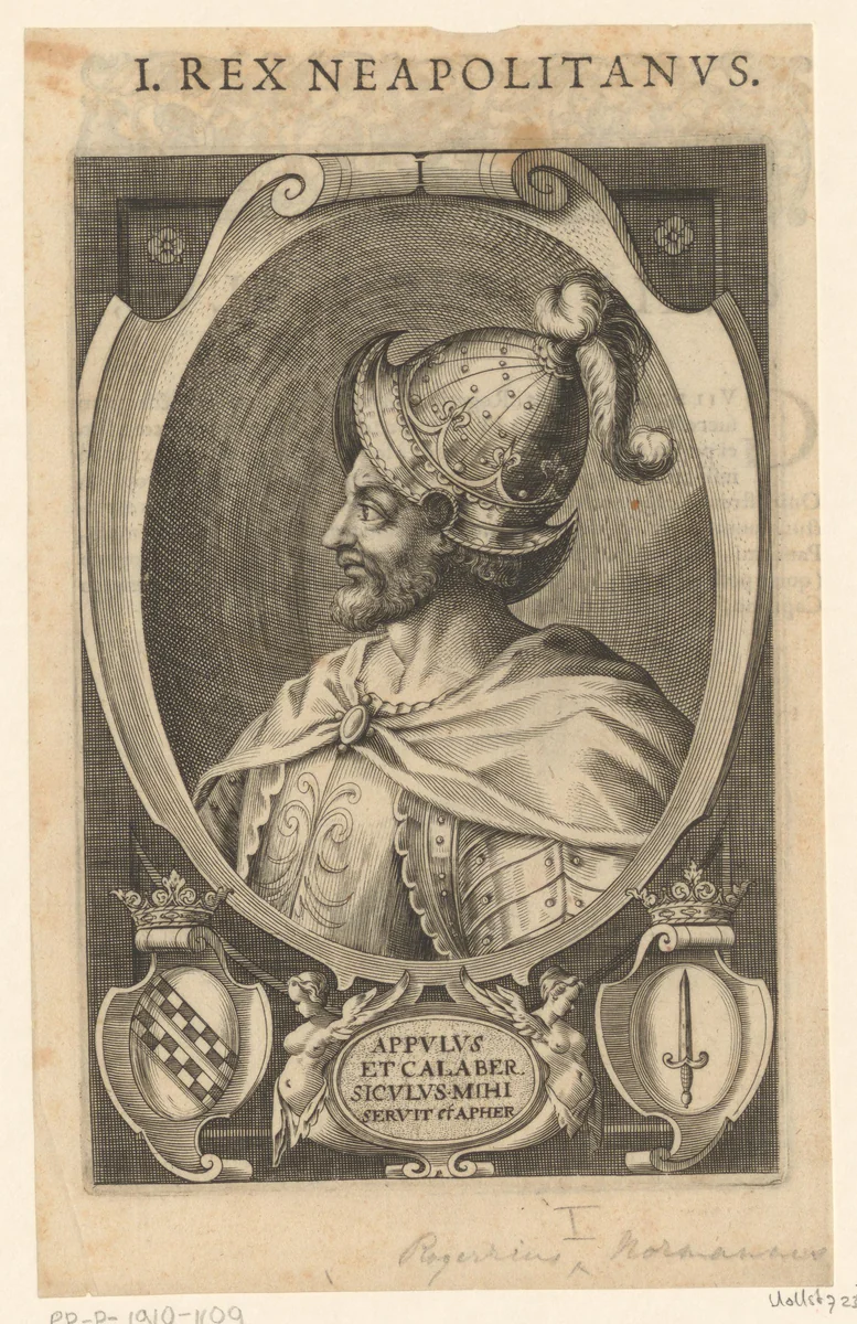Portret van Rogier II van Sicilië, koning van Napels by Lucas Kilian, print, 1589-1624