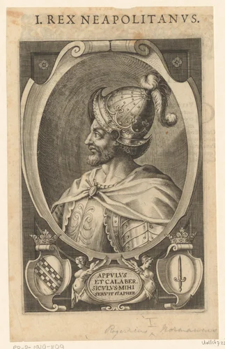 Portret van Rogier II van Sicilië, koning van Napels by Lucas Kilian, print, 1589-1624