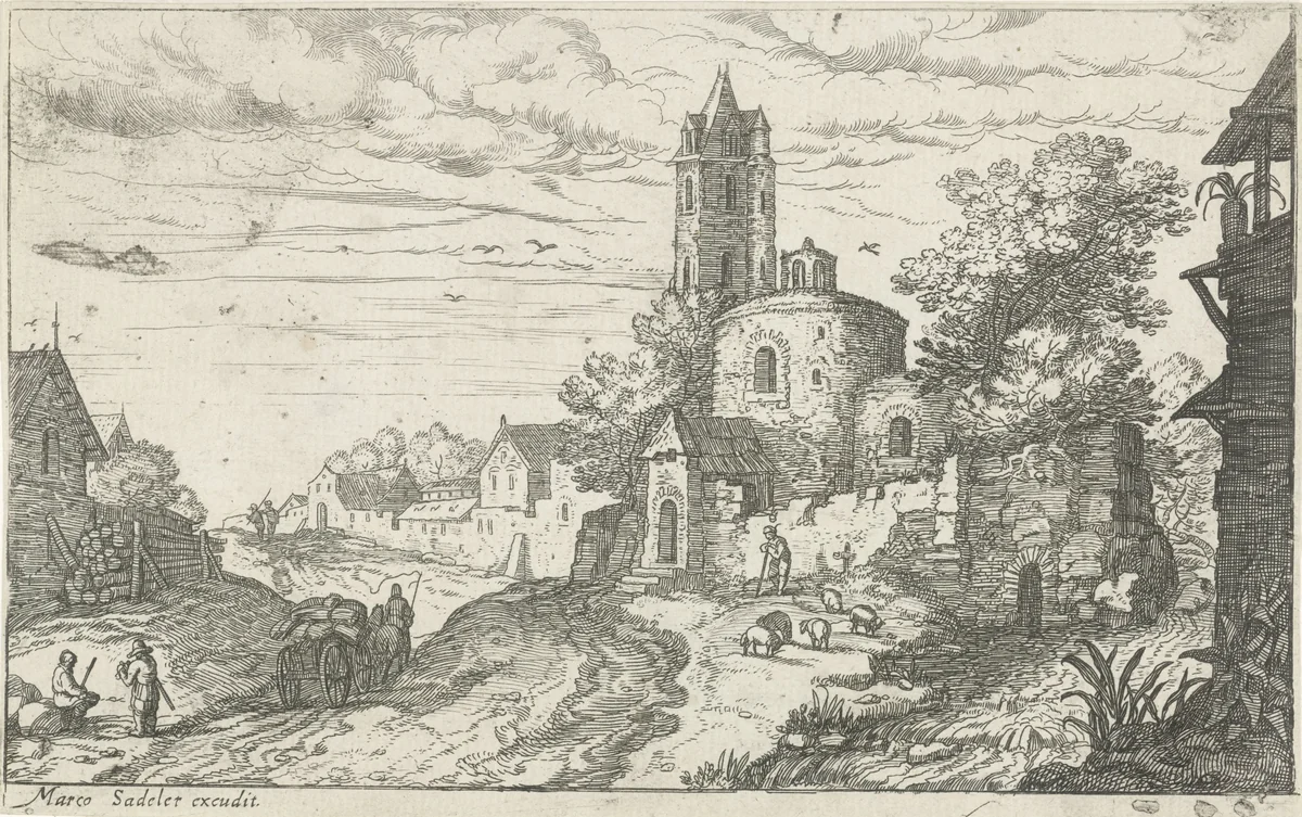 Landschap met dorpsstraat by Aegidius Sadeler, print, 1580-1629
