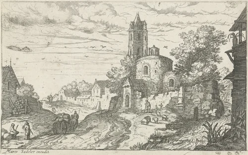 Landschap met dorpsstraat by Aegidius Sadeler, print, 1580-1629