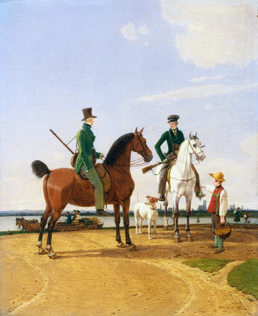 Hunter and Lord at the River Isar with View of Munich by Wilhelm von Kobell, painting, 1823