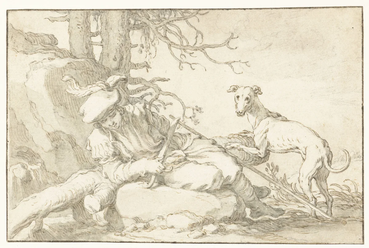 Rustende jager met hond by Abraham Bloemaert, drawing, 1630-1651