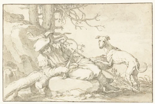 Rustende jager met hond by Abraham Bloemaert, drawing, 1630-1651