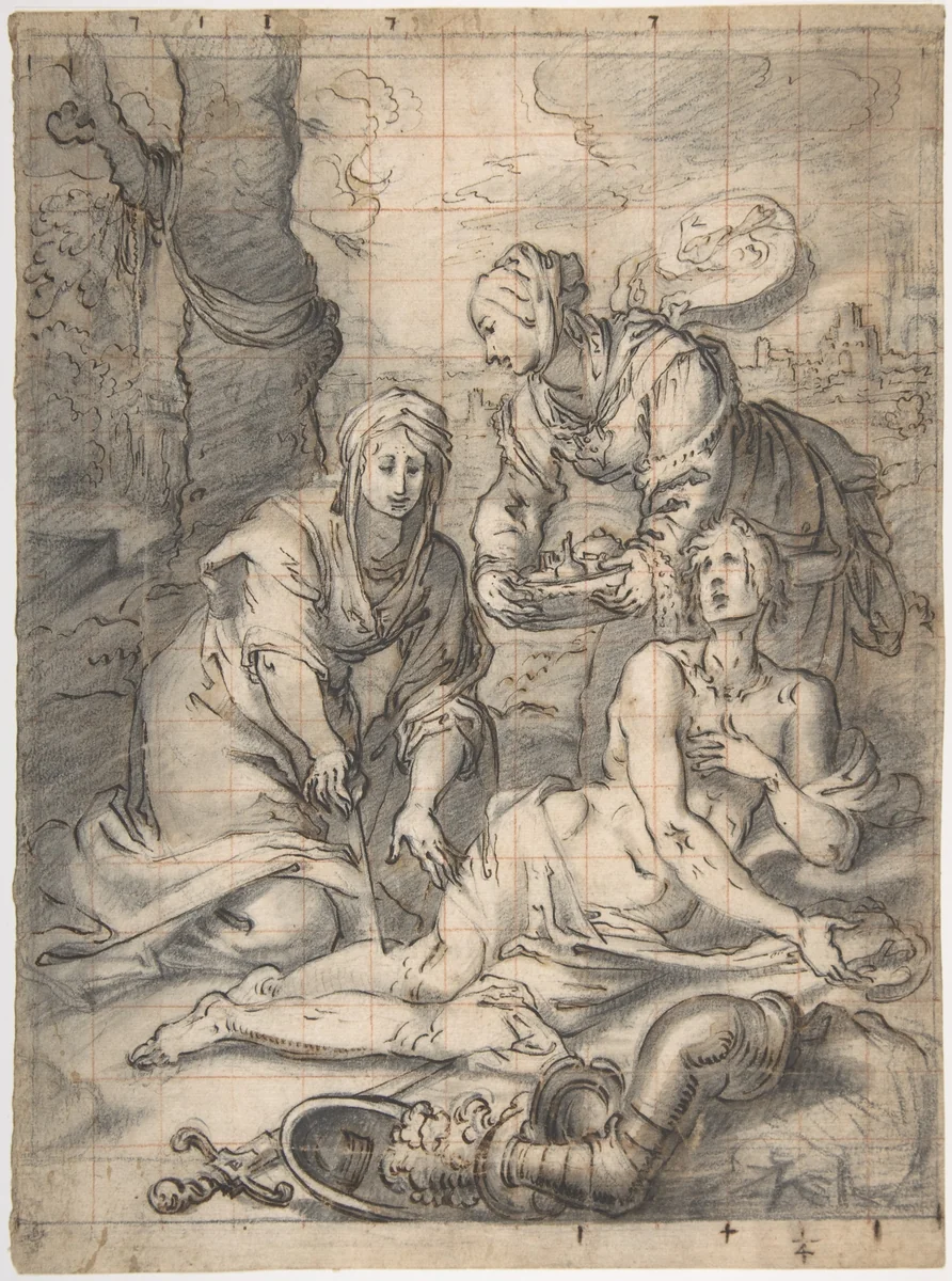 Two Women Annointing the Wounds of Saint Sebastian (recto); Study of a Nude Male Figure (verso) by Giovanni Biliverti, drawing, 1585-1644