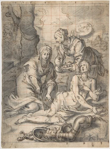 Two Women Annointing the Wounds of Saint Sebastian (recto); Study of a Nude Male Figure (verso) by Giovanni Biliverti, drawing, 1585-1644