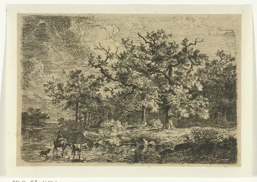 Landschap met bomen en vrouw op ezel in ondiep water by Willem Jan van den Berghe, print, 1848