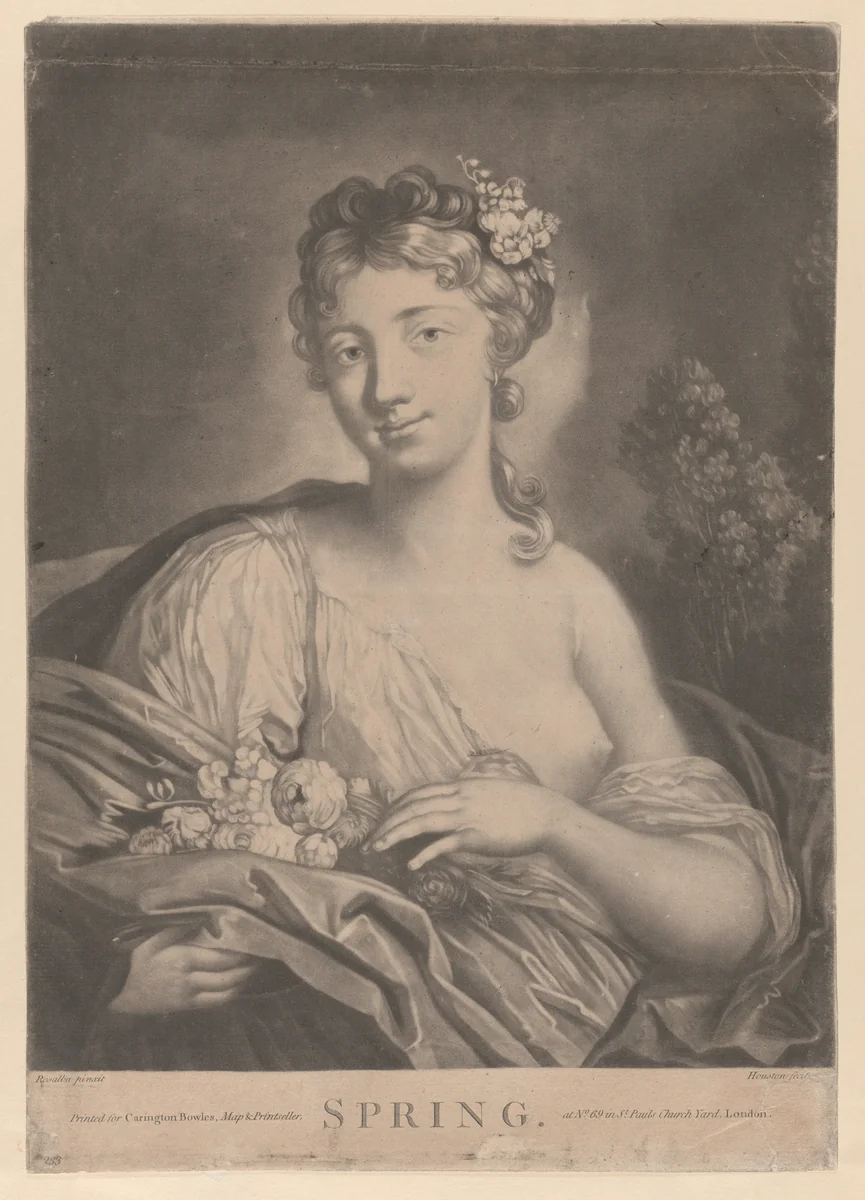 Spring: a young woman holding flowers in her cloak by Richard Houston, print, 1775