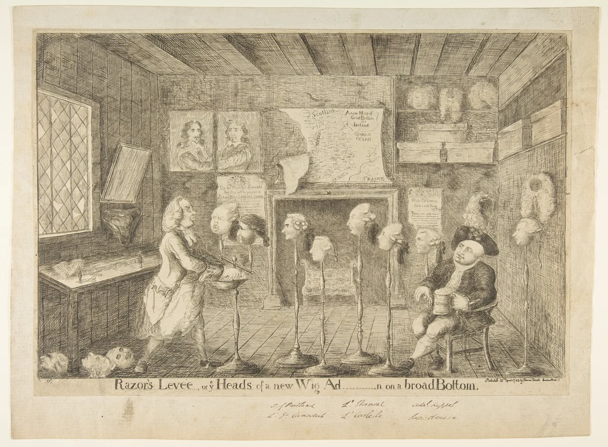 Razor's Levée, or Ye Heads of a New Wig Ad[ministration] on a Broad Bottom by James Sayers, print, 1783