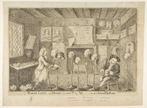 Razor's Levée, or Ye Heads of a New Wig Ad[ministration] on a Broad Bottom by James Sayers, print, 1783