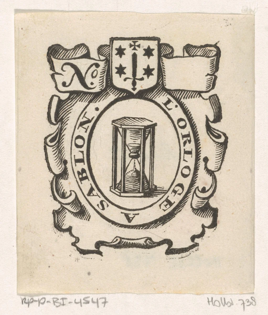 Handelsetiket met een zandloper en het wapen van de stad Haarlem by Isaac Vincentsz. van der Vinne, print, 1681-1740