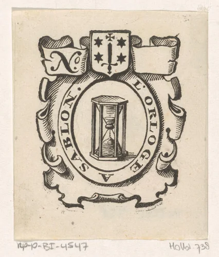 Handelsetiket met een zandloper en het wapen van de stad Haarlem by Isaac Vincentsz. van der Vinne, print, 1681-1740