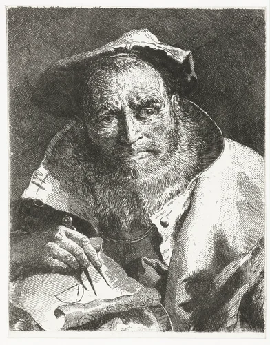 Wetenschapper met baret op hoofd en passer in hand by Giovanni Domenico Tiepolo, print, 1756-1757