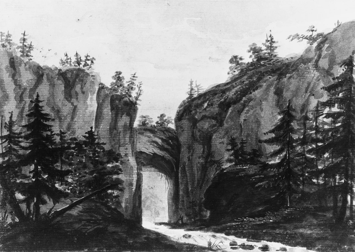 Natural Bridge, Virginia (Copy after an Engraving in François Jean, Marquis de Chastellux, Travels in North America, 1787) by Pavel Svinin, artwork, 1811-1816