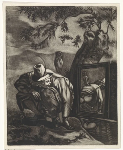 Gehurkte man voor een spiegel by Johannes de Groot, print, 1698-1776
