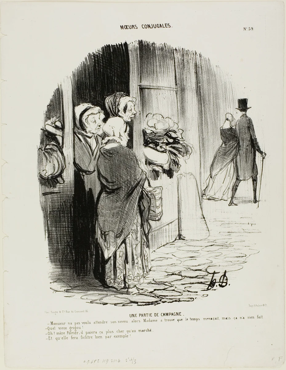 Country Amusement. “- Monsieur did not want to wait for his nephew; and Madame thought it might soon start raining, but he didn't really bother. - What an old miser! - Don't you worry, Mother Poirier, he'll pay dearly for that... more than the market price! - And right she is isn't she!,” plate 59 from Moeurs Conjugales by Honoré-Victorin Daumier, print, 1842