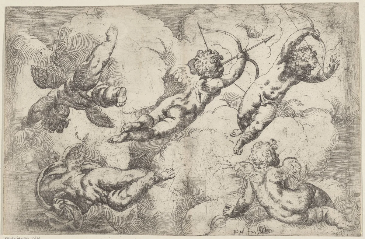 Vijf putti zwevend tussen de wolken by Unknown, print, 1534-1606