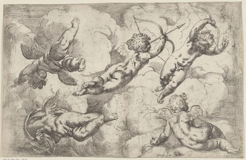 Vijf putti zwevend tussen de wolken by Unknown, print, 1534-1606