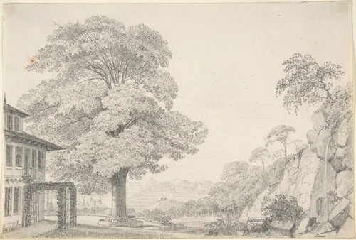 Landscape with a Tree in front of a Villa by Eduard Gaertner, drawing, 1801-1877