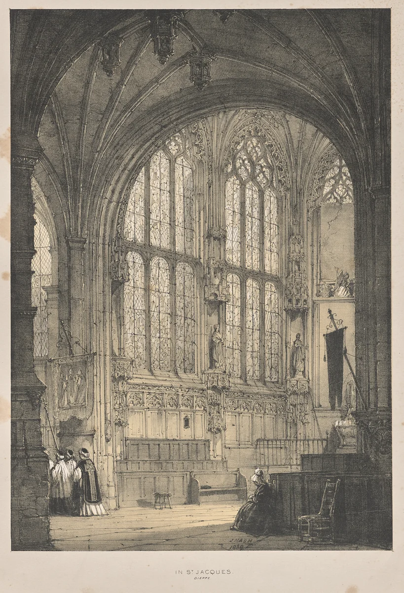 Architecture of the Middle Ages: In St. Jacques, Dieppe, East End, Interior by Joseph Nash, print, 1838