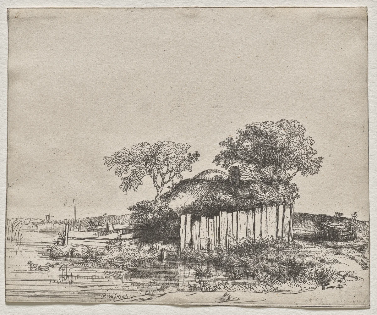 Cottage with a White Paling by Rembrandt van Rijn, print, 1648