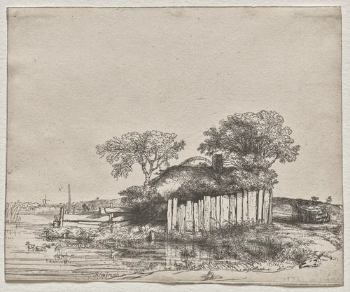 Cottage with a White Paling by Rembrandt van Rijn, print, 1648