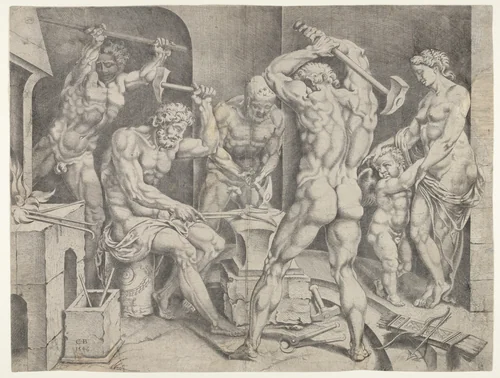 The Forge of Vulcan by Cornelis Bos, print, 1546