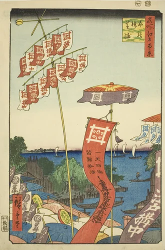 Kanasugi Bridge at Shibaura (Kanasugibashi Shibaura), from the series "One Hundred Famous Views of Edo (Meisho Edo hyakkei)" by Utagawa Hiroshige (歌川広重), print, 1857