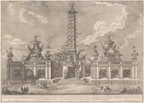 The Seconda Macchina for the Chinea of 1758: The Porcelain Tower of Nanjing by Giuseppe Pozzi, print, 1758