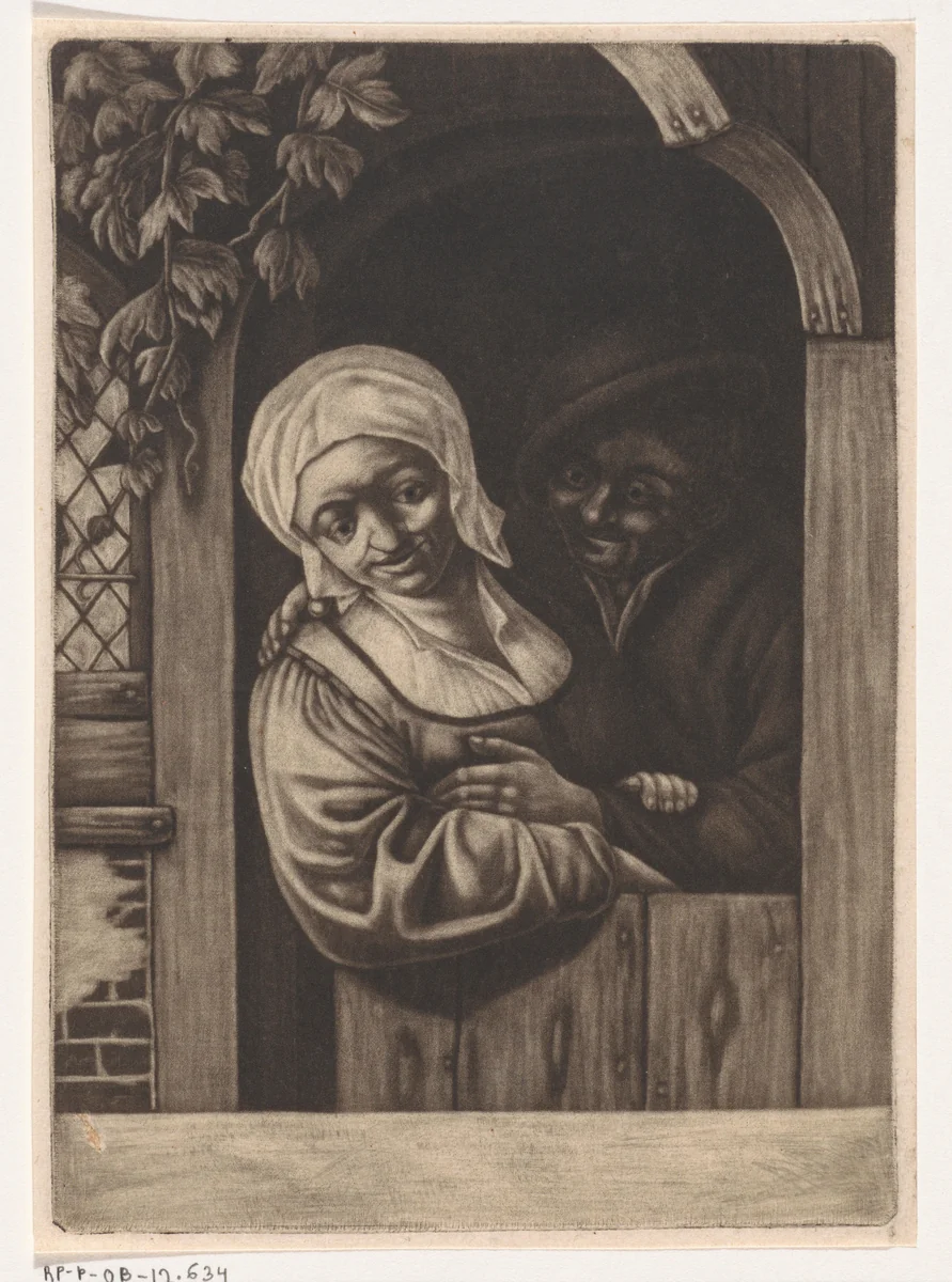 Man en vrouw in een deuropening by anonymous, print, 1688-1694