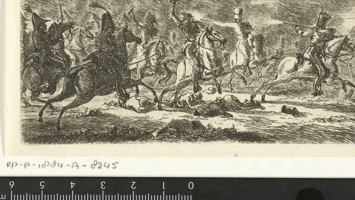 Cavalerie tijdens een veldslag by Gerardus Emaus de Micault, print, 1813-1863