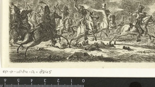 Cavalerie tijdens een veldslag by Gerardus Emaus de Micault, print, 1813-1863
