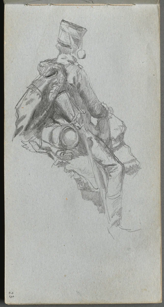 Sketchbook, page 23: Seated Soldier by Ernest Meissonier, book, 1860-1869