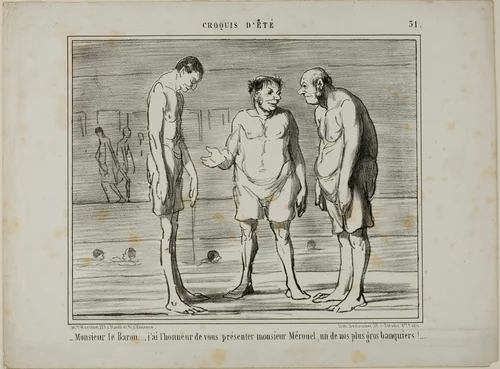 “- Baron, I have the honor of introducing you to Mr. Mérouel, one of our biggest bankers… - Baron, I have the honor of introducing you to Mr. Cascaret, one of our biggest shareholders,” plate 31 from Croquis D'été by Honoré-Victorin Daumier, print, 1858