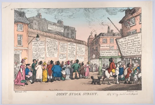 Joint Stock Street by Thomas Rowlandson, print, 1808