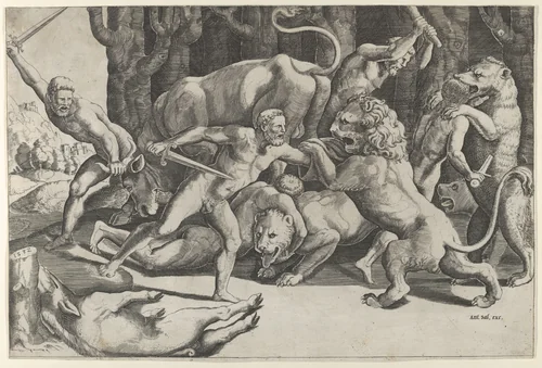 Five men fighting beasts, at lower left is a fallen boar by Master of the Die, print, 1532