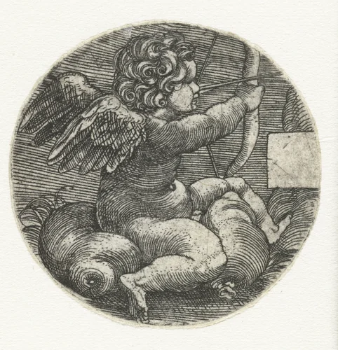 Cupido met pijl en boog gezeten op een kussen by Unknown, print, 1512-1599