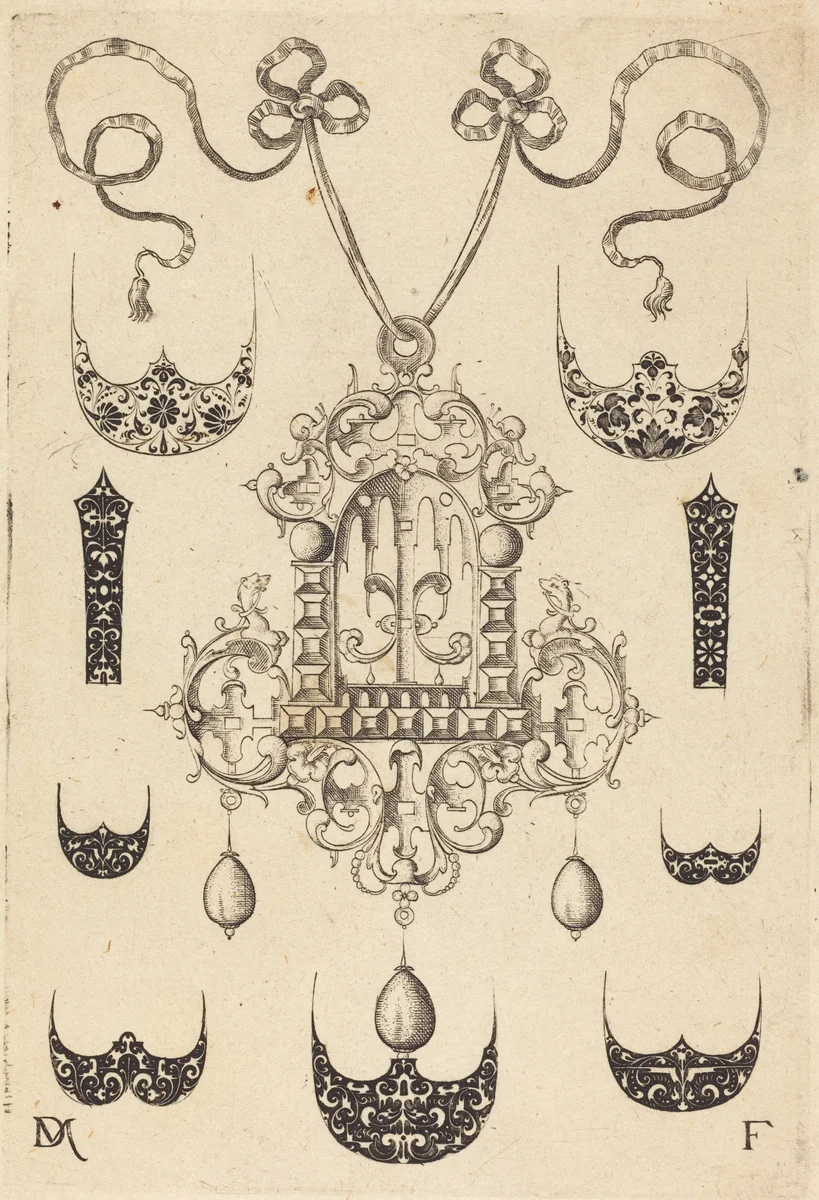 Pendant Surrounded by Seven Shields and Two Ornamental Bands by Daniel Mignot, print, 1593