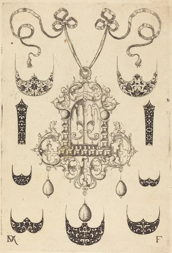 Pendant Surrounded by Seven Shields and Two Ornamental Bands by Daniel Mignot, print, 1593