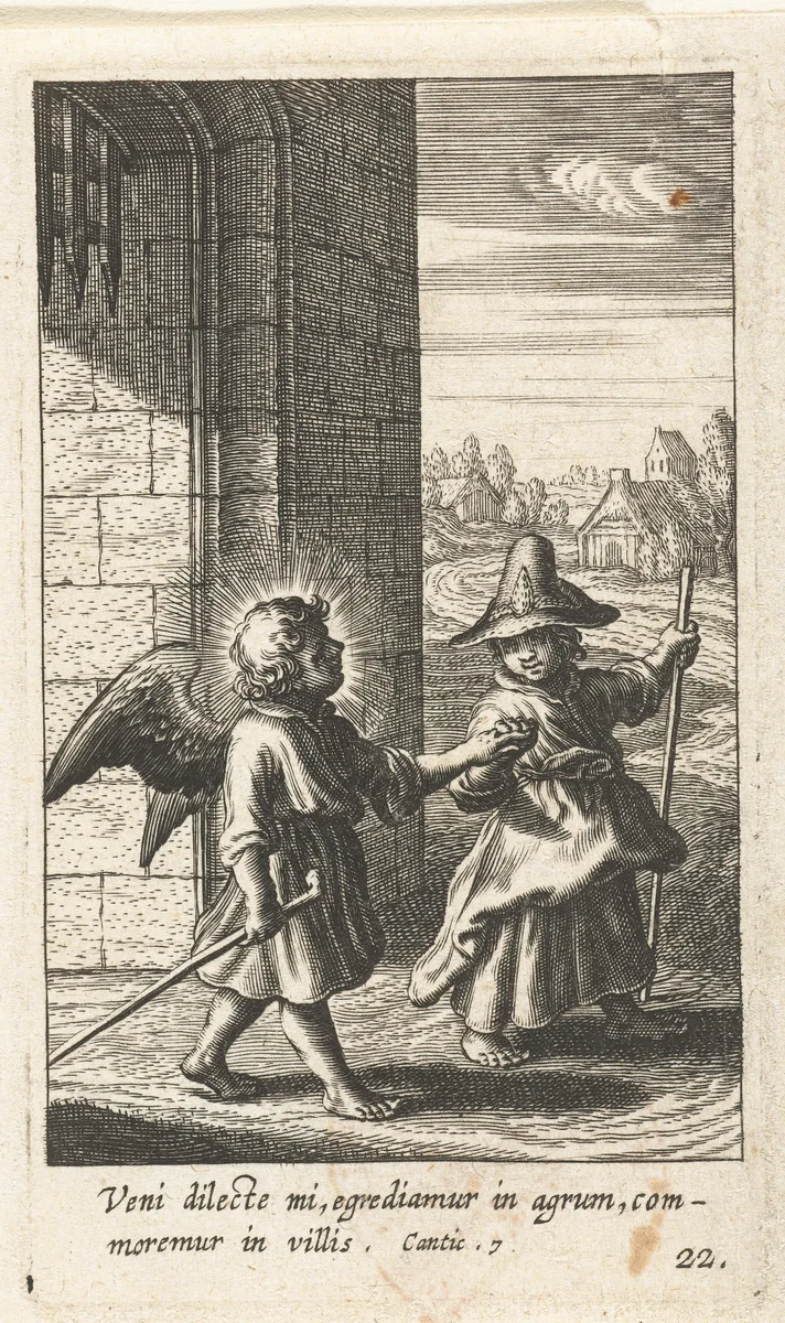 Engel neemt kind gekleed als pelgrim bij de hand by Boëtius Adamsz. Bolswert, print, 1590-1624
