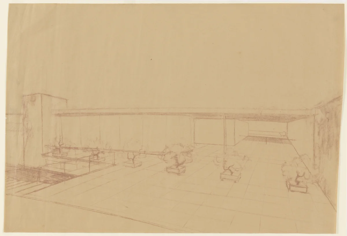Tugendhat House, Brno, Czech Republic, Perspective sketch by Ludwig Mies van der Rohe, mies van der rohe archive, 1928