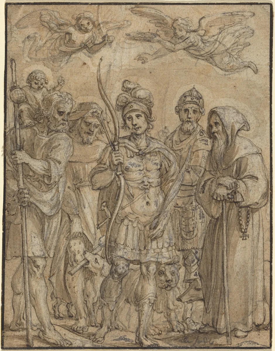 Five Saints by Pieter de Jode, drawing, 1570-1634