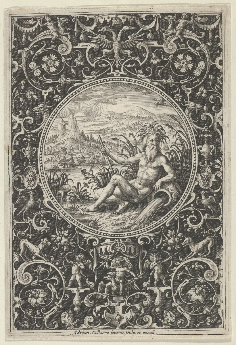Neptune in a Decorative Frame with Grotesques, from the Judgment of Paris by Adriaen Collaert, print, 1575-1605
