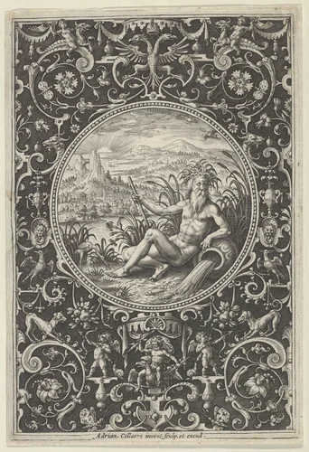 Neptune in a Decorative Frame with Grotesques, from the Judgment of Paris by Adriaen Collaert, print, 1575-1605