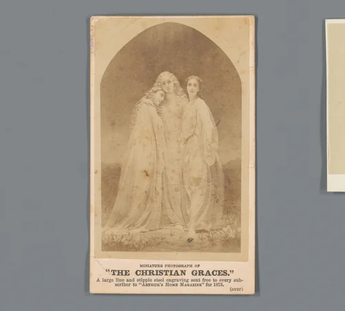 Fotoreproductie van een prent van de drie gratiën uitgegeven door Arthur's Illustrated Home Magazine als bijlage by anonymous, photograph, 1873
