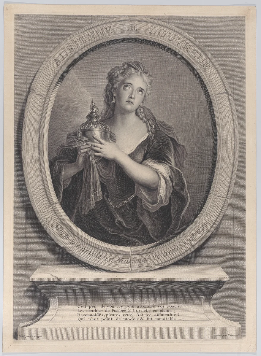 Portrait of Adrienne Lecouvreur as Cornelia in Corneille's "La Mort de Pompée" by Pierre-Imbert Drevet, print, 1730