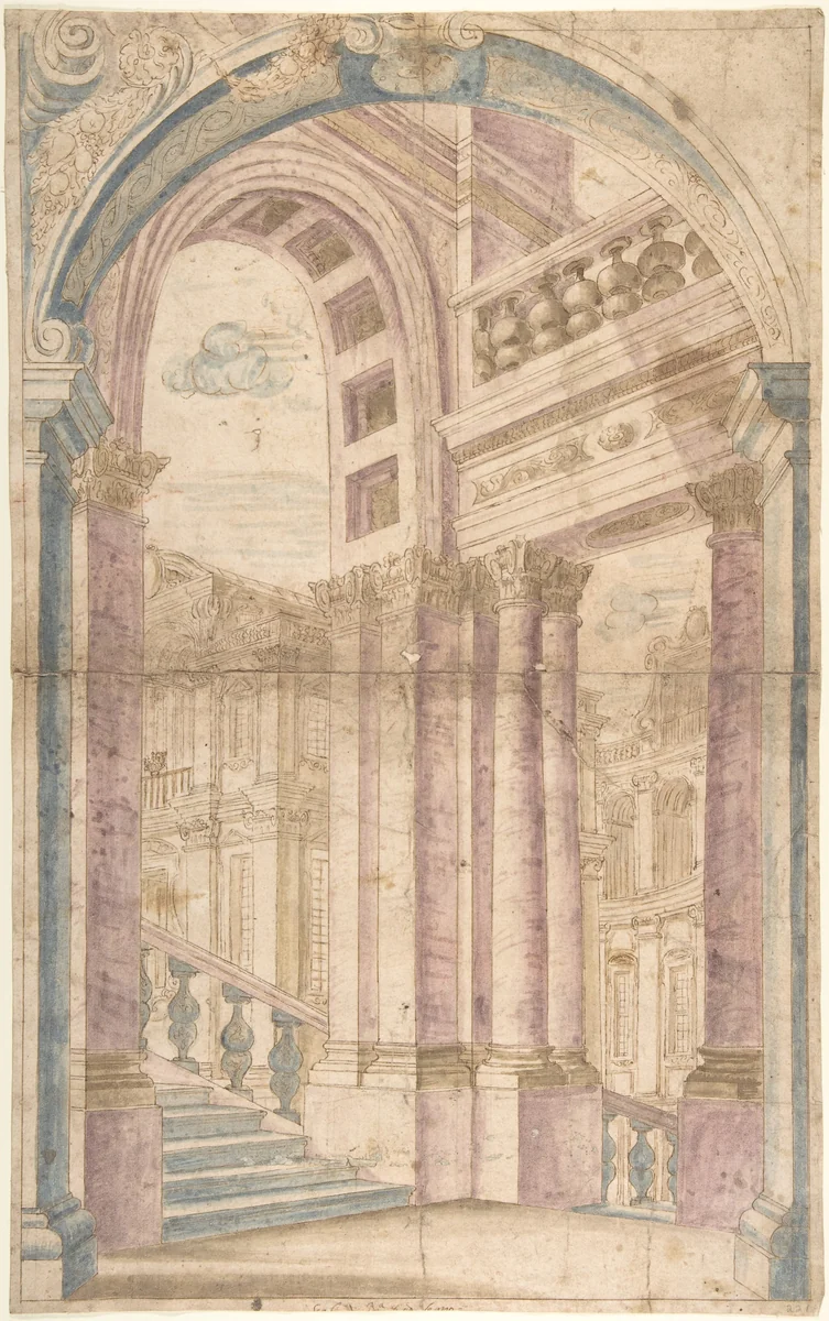 Design for a Painted Wall Decoration: Architectural Perspective Seen Through an Arch by anonymous, drawing, 1700-1780