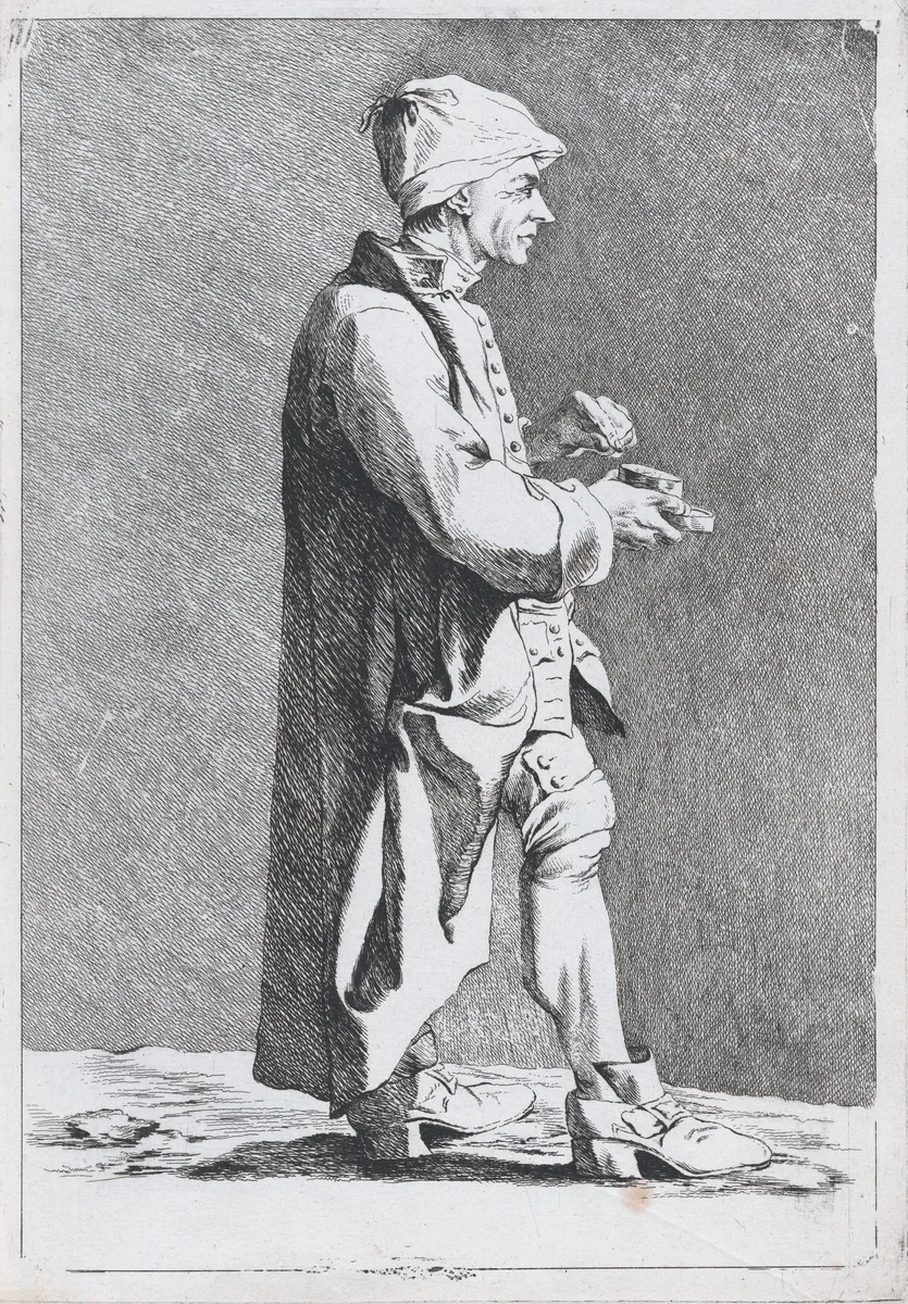 An Artist at the French Academy in Rome (?) with Box of Snuff, pl. VII from "Recueil de caricatures" by Ange Laurent de La Live de Jully, print, 1749-1759