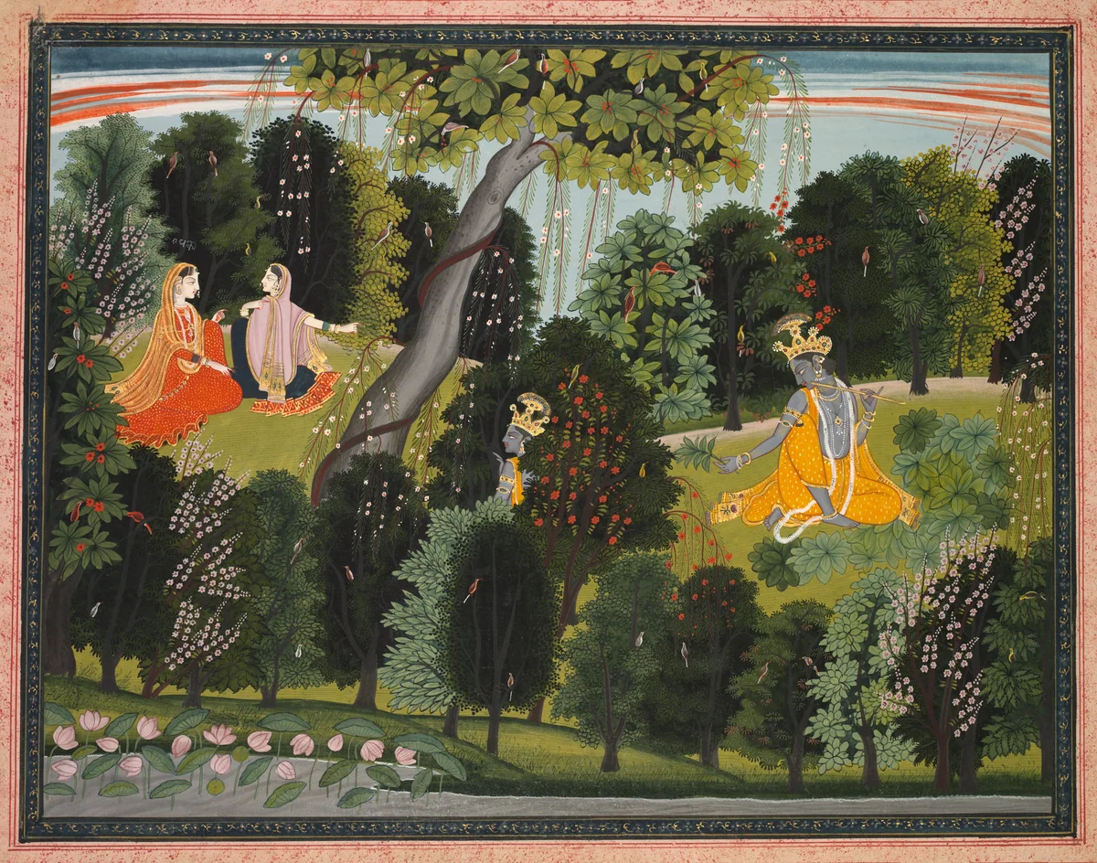 Sakhi Persuades Radha to Meet Krishna, from a Gita Govinda (Song of the Cowherd) of Jayadeva by Purkhu, painting, 1815-1830
