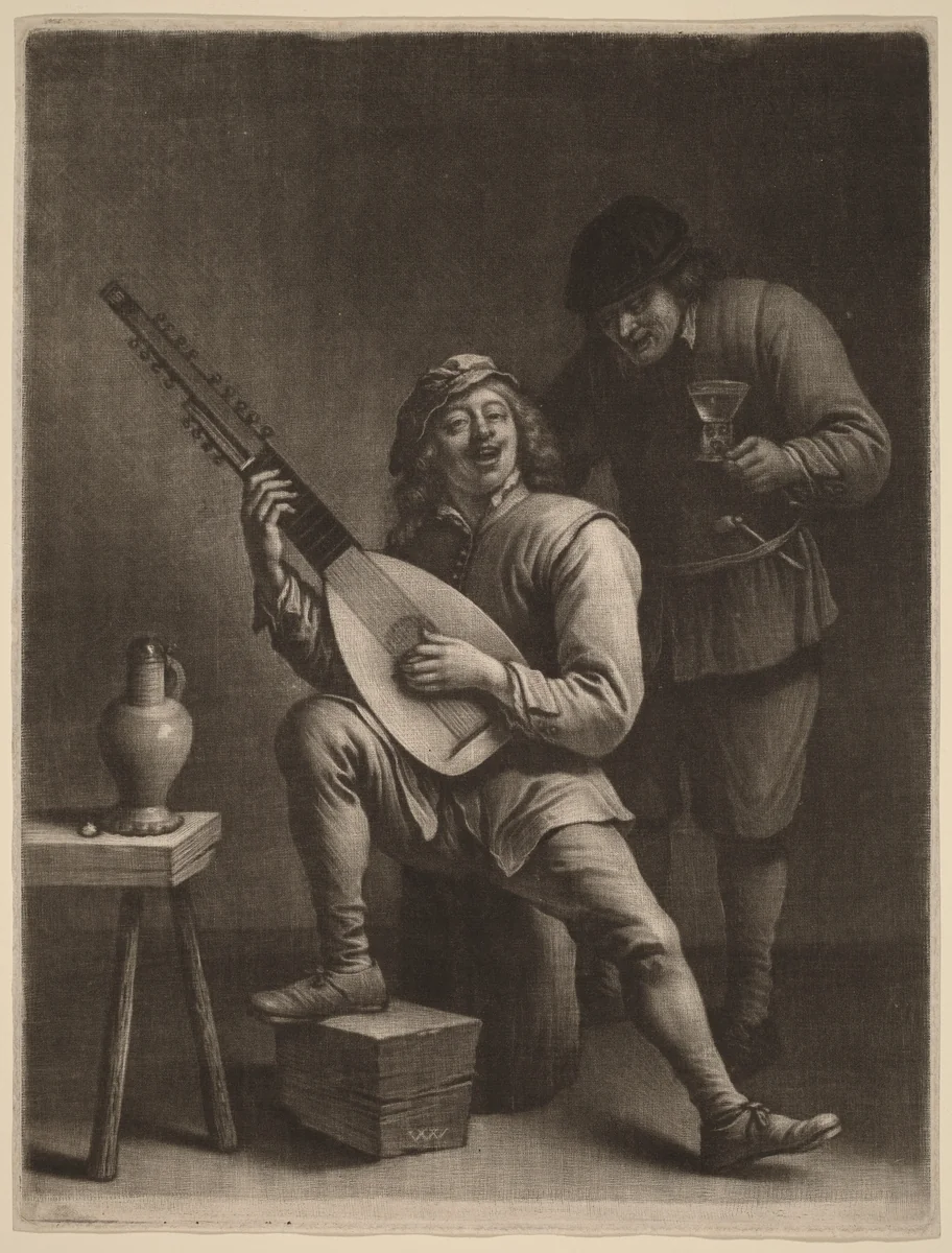 The Lute Player and the Drinker by Wallerant Vaillant; David Teniers the Younger, print, 1623-1677